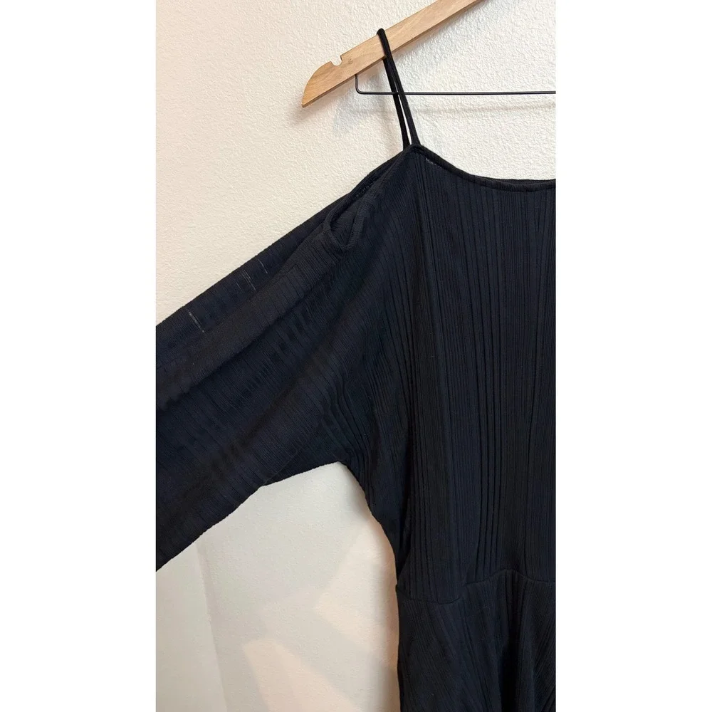 Free People Beach Cold Shoulder Mini Dress S/P Black Ribbed Knit Tie Sleeve Boho